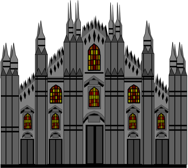 The image shows a pixelated representation of an old cathedral with stained glass windows at nighttime against a dark background.