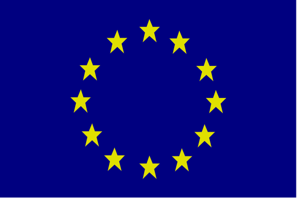 The flag of Europe with a star symbolizing EU membership above it on a gray background.