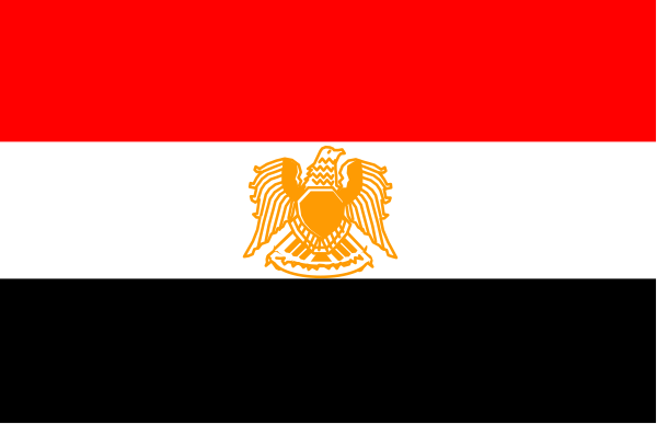 The flag of Nigeria with a red stripe on top featuring an eagle emblem is shown against a gray background.