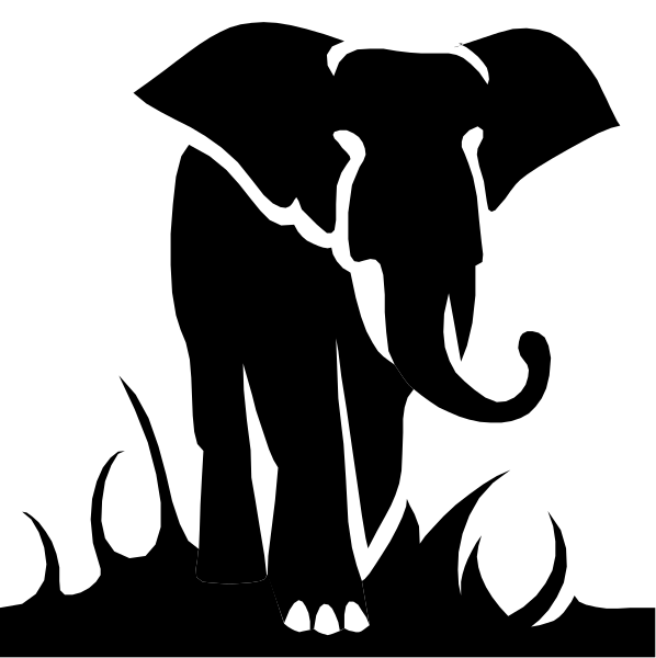 The image shows a cartoon of an elephant with large ears standing upright on two legs against a black background.