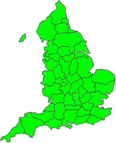 The map shows a stylized representation of England with green areas indicating regions that have been affected by an event such as flooding or some other disaster.