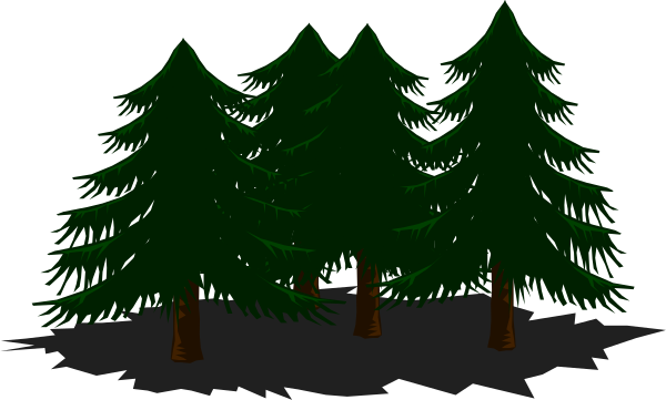 The image shows a black background with white pixelated trees that resemble pine branches on either side of what appears to be an evergreen tree in front.