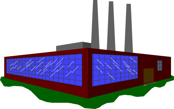 The image shows a factory with smokestacks against an industrial background at nighttime.