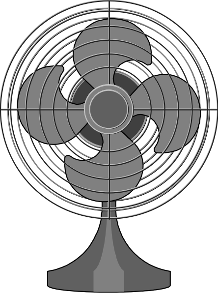 The image shows a black and white illustration of an electric fan with three blades set against two different backgrounds: on one side is dark gray, while on the other it's light gray; there appears to be some sort of digital overlay that includes lines pointing towards various parts of the fan.