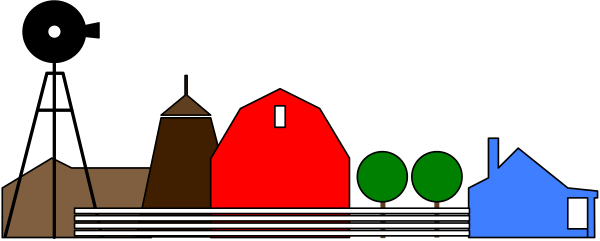 The image shows a simple cartoon of houses with trees around them on what appears to be an overcast day.