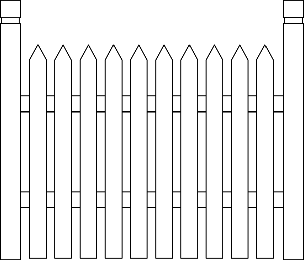 The black and white image shows a fence with pointed tops on top of it.