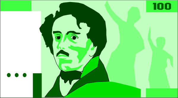 The image shows a black and white illustration of an old banknote with silhouettes on it; there's a man in profile at top right who appears to be speaking into microphone, two people dancing below him, another person standing behind them, all set against what looks like the facade of a building.