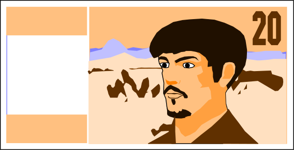 The image shows a pixelated representation of an adult male with facial hair wearing glasses, depicted on what appears to be currency notes in various denominations against different backgrounds that include desert landscapes and portraits of other individuals; there is also text present which includes numbers 20, 19, and the word "Dollar." The style suggests a retro or vintage theme.