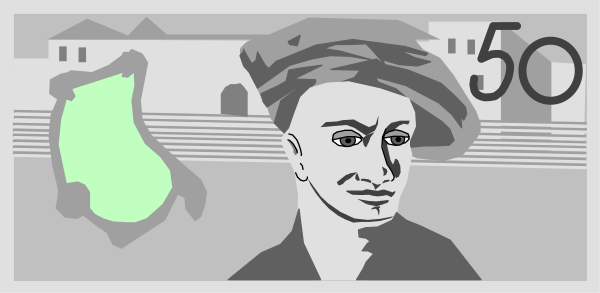 The image shows a black and white illustration of an Australian 50 dollar note with various elements on it including portraits of two individuals, one male and one female; stylized representations of buildings that resemble Sydney's Opera House and other iconic structures; and the number "69" in large font. The background is a plain gray color without any additional context or setting provided within this small clip-art image.
