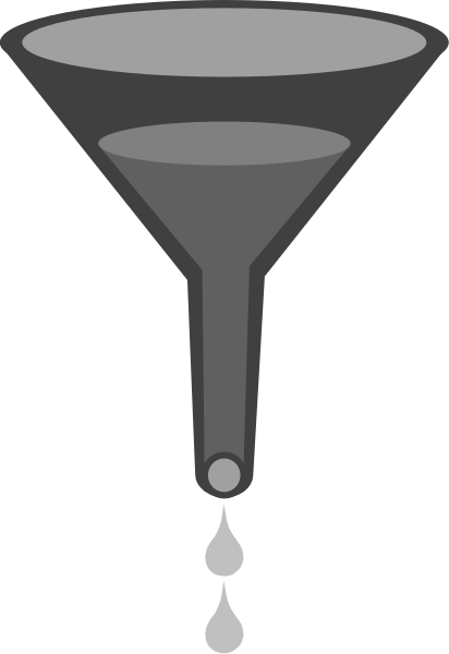 The image shows a gray cone with liquid dripping from its spout onto an unseen surface below it against a black background.