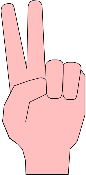 The image shows a black and white illustration of two hands with fingers forming peace signs against different backgrounds: pink for left hand and gray for right hand; both hands appear to be in front of each other, creating an optical illusion effect where it looks like one continuous line from top to bottom across the center.