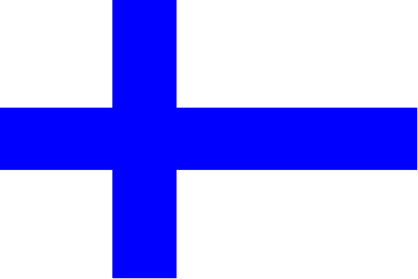 The flag of Finland with a blue cross on it against a white background.