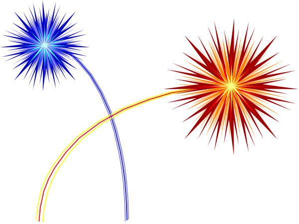 The image shows three fireworks exploding against a dark background with two arcs of light representing their paths through the sky.