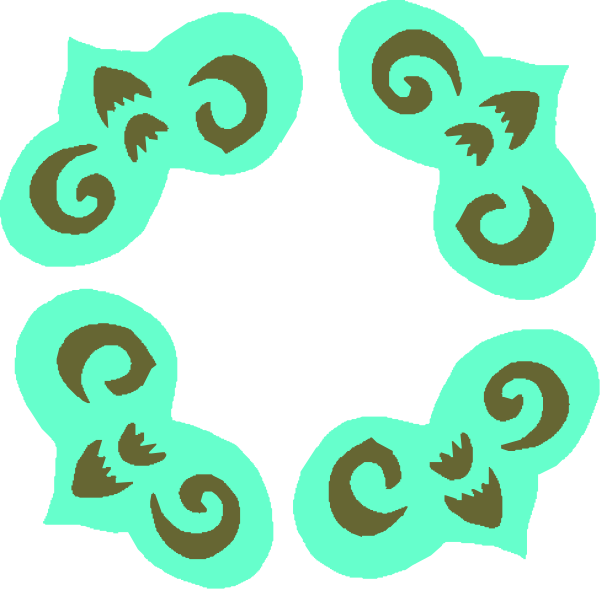 The image shows a black background with six green swirls arranged around it forming an abstract pattern that resembles leaves on stems.