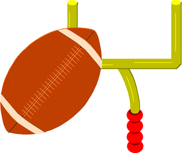 The image shows a cartoon of an American football with red stitching on it hanging from what appears to be a goal post by its laces outdoors during daylight hours under clear skies.