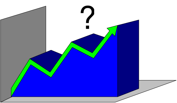 The image shows a graph with three bars of varying heights representing growth over time: two blue bars on top indicating higher values than one green bar in between them; an arrow pointing upwards from left to right next to the tallest blue bar, suggesting increasing value or progression towards that point.