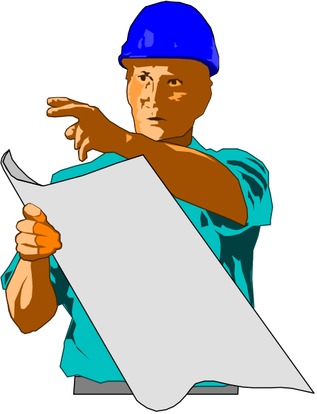 The image shows a man wearing blue overalls holding up his finger to point at something on paper while standing next to an open piece of cardboard with plans drawn in white lines against a dark background.