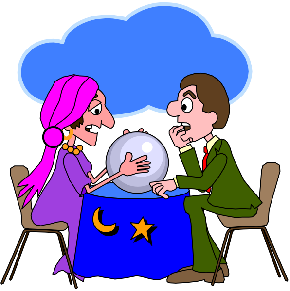 The illustration shows a man sitting at a table with an open fortune teller's book on it while talking to another person who is holding onto their hat in surprise or disbelief.
