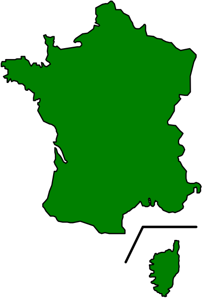 The map shows a stylized representation of France with its borders outlined by green lines on top of an overlaid black-and-white flag pattern that covers most of the image except for one small section in the bottom right corner where only part of Italy is visible, and there's no text or other objects present.