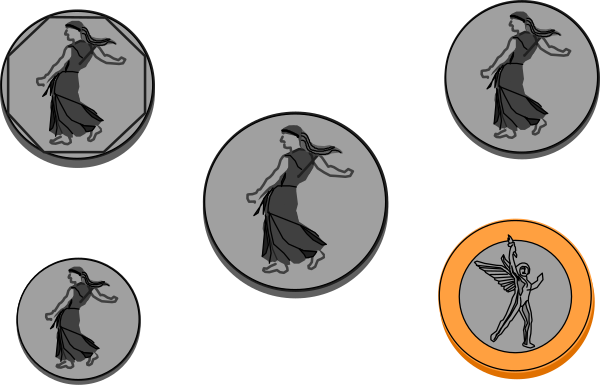 The image shows a sequence of six circular images with silhouettes against different backgrounds: 1) A person walking; 2) An angel flying in front of an orange circle; 3) Two people standing and facing each other, one holding what appears to be a shield or banner; 4) Three figures that resemble angels floating above the ground with wings spread out; 5) Four silhouettes dancing together under a moonlit sky; 6) A person walking in front of an orange circle. The style is reminiscent of clip-art, and