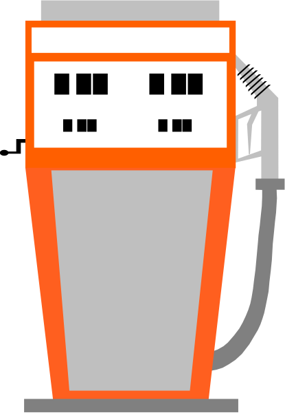 The image shows a red gas pump with an orange nozzle connected to it by hoses on top of a gray background that has black stripes running across its width.