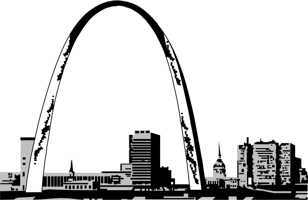 The black and white silhouette of a city skyline with an archway resembling the Gateway Arch overlooking it at night.
