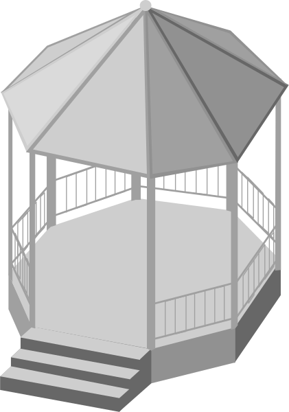 The image shows a white gazebo with an open roof on top of steps at nighttime against a dark background.