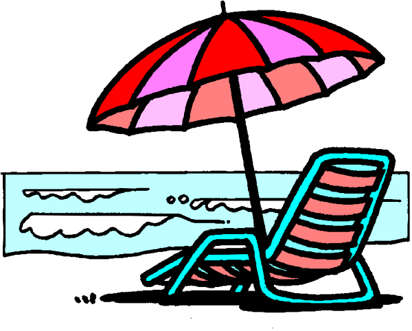 The image shows a cartoon of an umbrella with stripes on it next to a beach chair under what appears to be night sky.