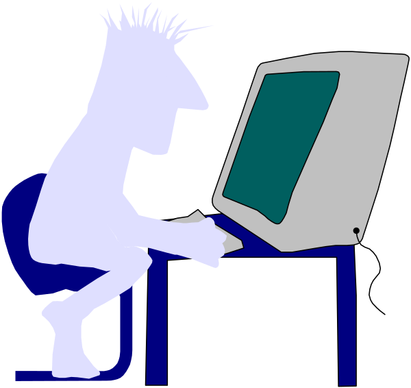 The cartoon shows a man sitting at his desk with an open laptop computer on it; he is holding what appears to be a pen in one hand while typing into another device that looks like a tablet PC.