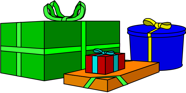 The image shows a festive scene with three gift boxes of varying sizes placed on what appears to be a table; two smaller ones in front of one larger box that is wrapped like a present. To the right, there's an open blue bucket and next to it sits another small green-wrapped package. In the background, against a dark backdrop with some indistinct shapes resembling presents or boxes on either side, are two gift bows in red and yellow colors tied around what could be handles of bags or containers that aren't fully visible due to their positioning behind