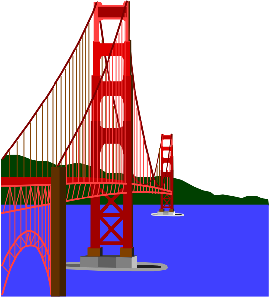 The image shows a digital representation of San Francisco's Golden Gate Bridge with its iconic red coloring against an overcast sky background.