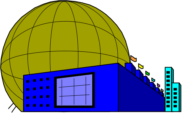 The image shows a stylized illustration of two planets with buildings on them against an outer space background; there is no text present in this clip-art depiction.