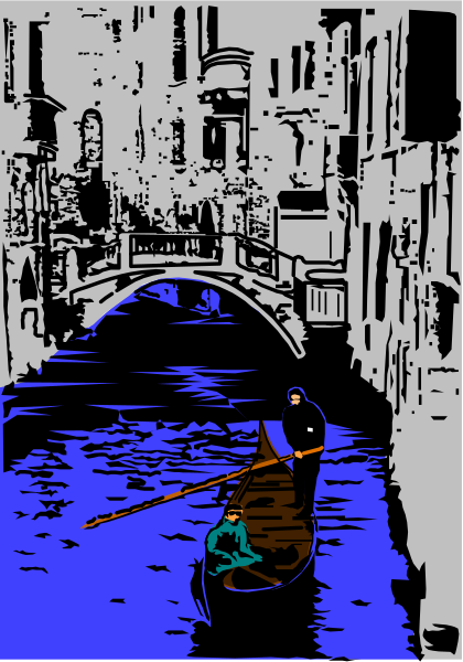 The image shows a black and white illustration of an old European city street with gondolas on waterway; two figures in boats rowing under bridge archways.