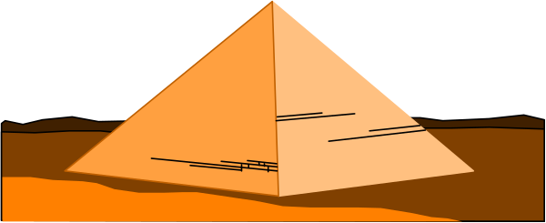 The image shows a pyramid with an orange sky background that has clouds resembling mountains on either side of it.