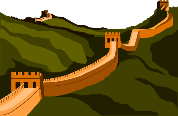 The image shows a stylized illustration of an ancient Chinese wall with towers on top, winding through lush green hills under a clear blue sky.