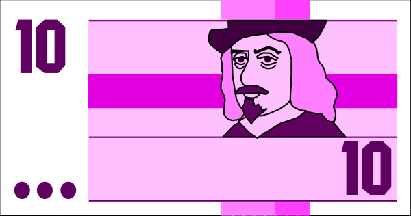 The image shows a pink bill with an animated character on it that appears to be eating something purple while standing next to some text in black font reading "10".
