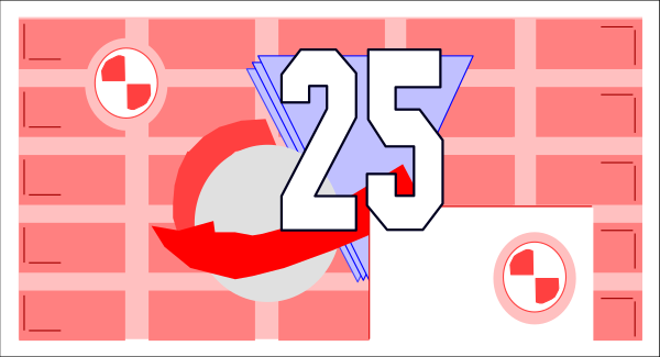 The image shows a digital display with numbers "25" prominently displayed at top center against red background; below it is an icon of a brick wall on left side, partially obscured by what appears to be a white and blue shield-like symbol in front of it; the number 19.7% is visible above this emblem with two arrows pointing upwards from either end towards each other forming a circle around them; below these numbers are three smaller red circles arranged vertically, resembling an abstract representation or scoreboard layout. The overall style suggests that this could