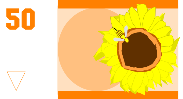 The image shows a cartoon depiction of money with various elements on it: there's an orange sunflower in one corner; above that is text reading "50" indicating fifty dollars; to its right, another piece of fruit resembling a peach or nectarine.