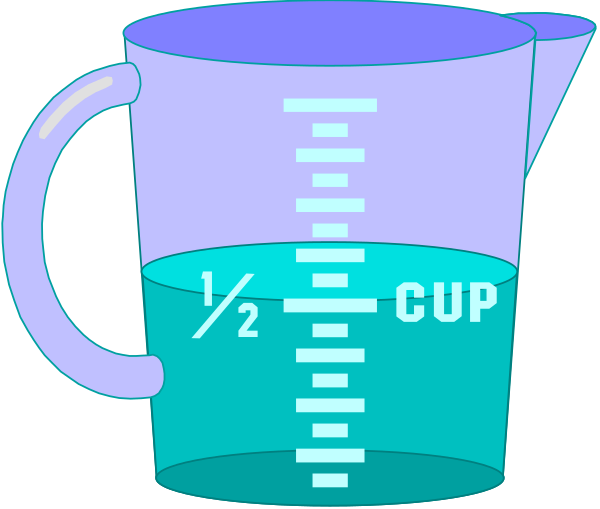 The image shows a clear measuring cup with blue liquid inside it placed next to an illustration of two stacked cups on top of each other against a white background.