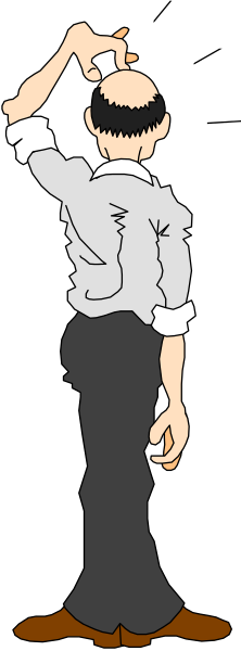 The black and white illustration shows a man with his hand on top of his head while standing next to what appears to be an open bookcase filled with books in various sizes; he is wearing dark pants and no shirt, suggesting casual attire for reading or studying at home.