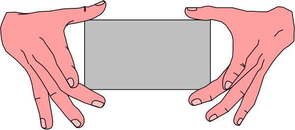 The image shows two hands holding a blank sign with red outlines of fingers against an indistinct background.