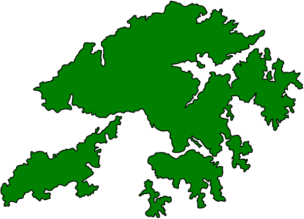 The image shows a green map of an island with various land masses connected by waterways against a black background.