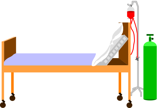 The image depicts a hospital room with medical equipment such as an oxygen tank, bedside table, IV drip stand, stretcher on wheels, nurse's cart, patient monitor, and other items typically found in healthcare settings.