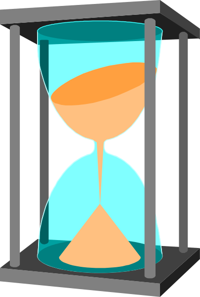 The image shows a digital clock with an hourglass symbol on it inside what appears to be a glass container against a dark background.
