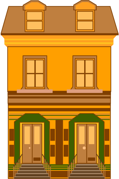 The image shows a stylized illustration of an old Victorian house with two doors on either side at street level; it has multiple windows in various shades of yellow-orange hues above each door, and there is no visible text within this small clip art piece.