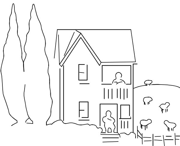 The image shows a traditional thatched hut with an open door on top of it against a dark background.