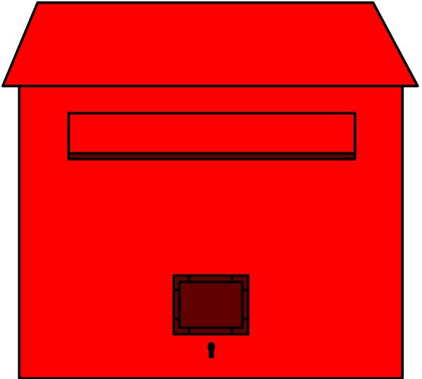 The image shows a red box with an open top on its left side against a black background; there is no visible content inside it except for one small white square in the bottom right corner of the interior space within the box, and outside this box, to the upper right, appears what seems like another smaller object or container.