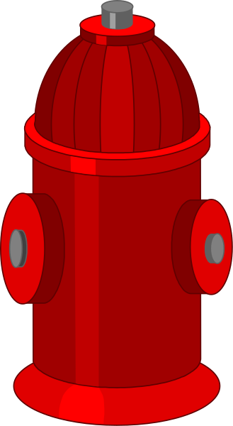 The image shows a red fire hydrant with two visible nozzles on top of it against a gray background.