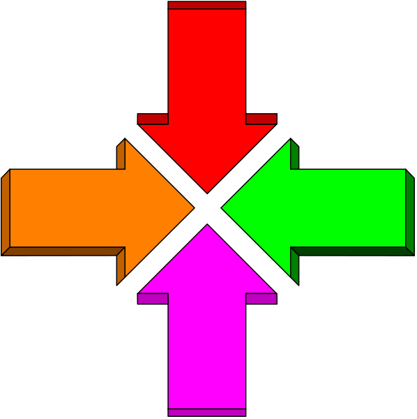 The image shows a colorful cross with four arrows pointing to each corner of it against a black background.
