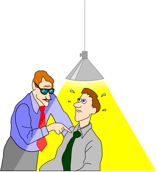 The cartoon depicts a man standing under an open light bulb with his hands on hips while another figure points at him from above; both characters appear to be in mid-conversation within what looks like a dark room, possibly indicating some form of discussion or presentation taking place.